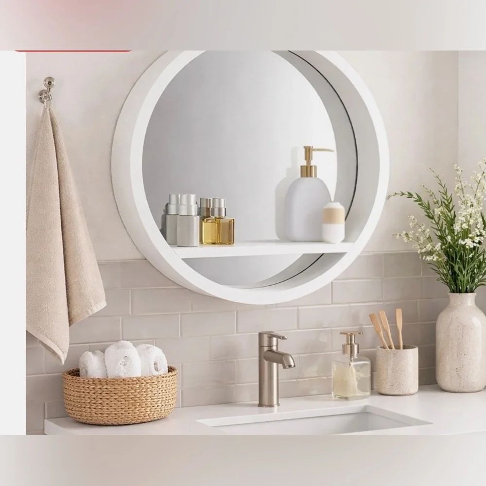 WHITE MIRROR GLASS  DISPLAY SHELF MODERN ROUND WALL UNIT BATHROOM BEDROOM